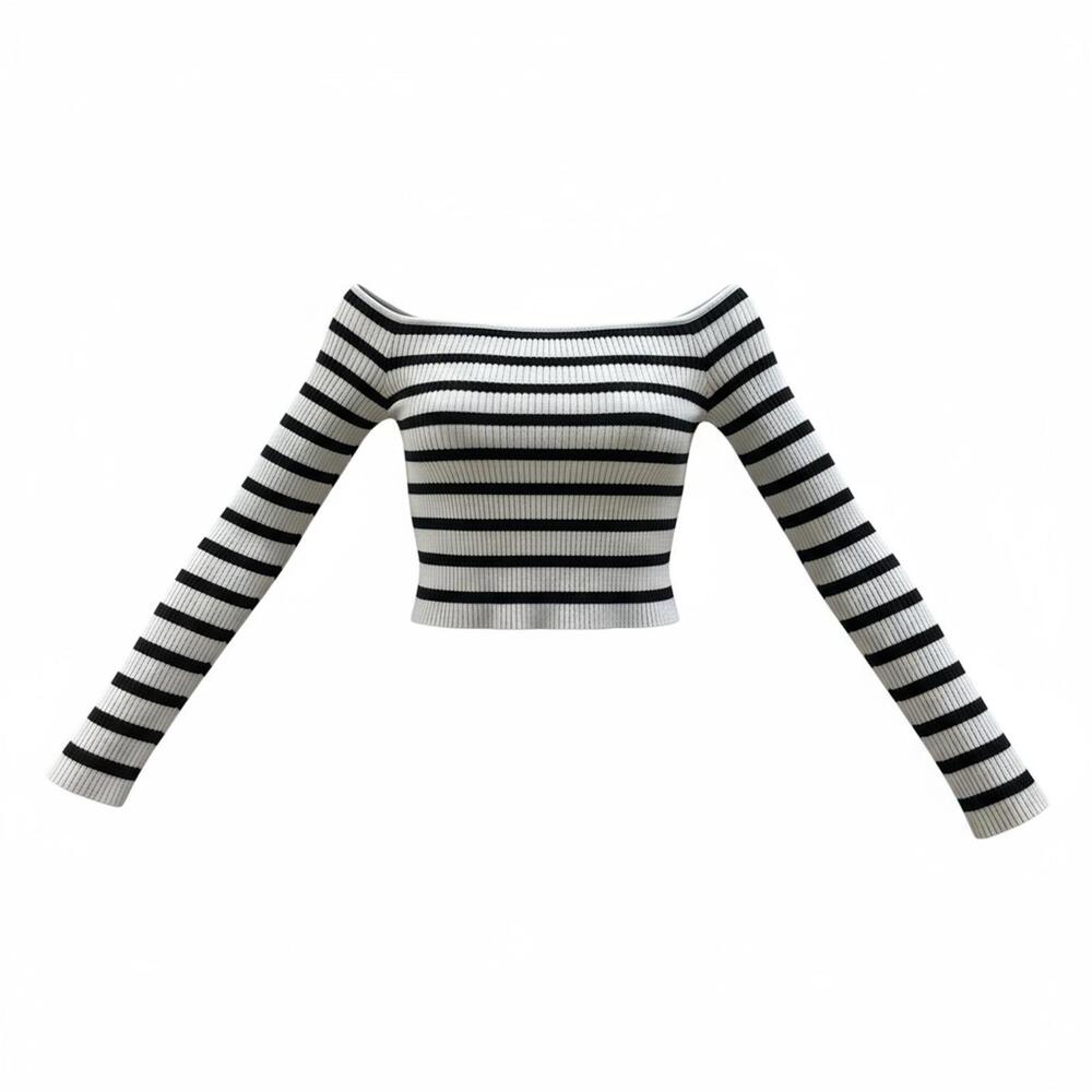 Hollister Off Shoulder Striped Ribbed Knit Top Size Large Black White